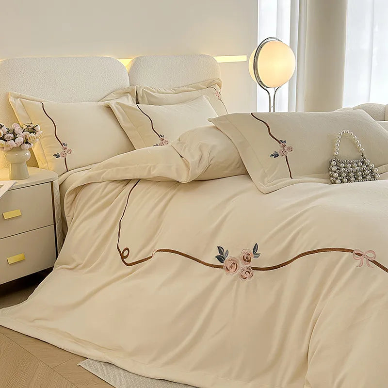 Anycozy Duvet Cover Set White Flat Bed Sheet Heavy Fluffy Floral Embroidery Quilt Bedding