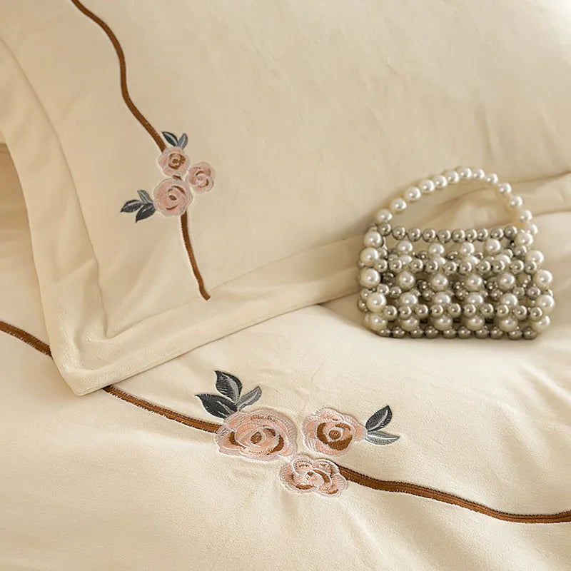 Anycozy Duvet Cover Set White Flat Bed Sheet Heavy Fluffy Floral Embroidery Quilt Bedding