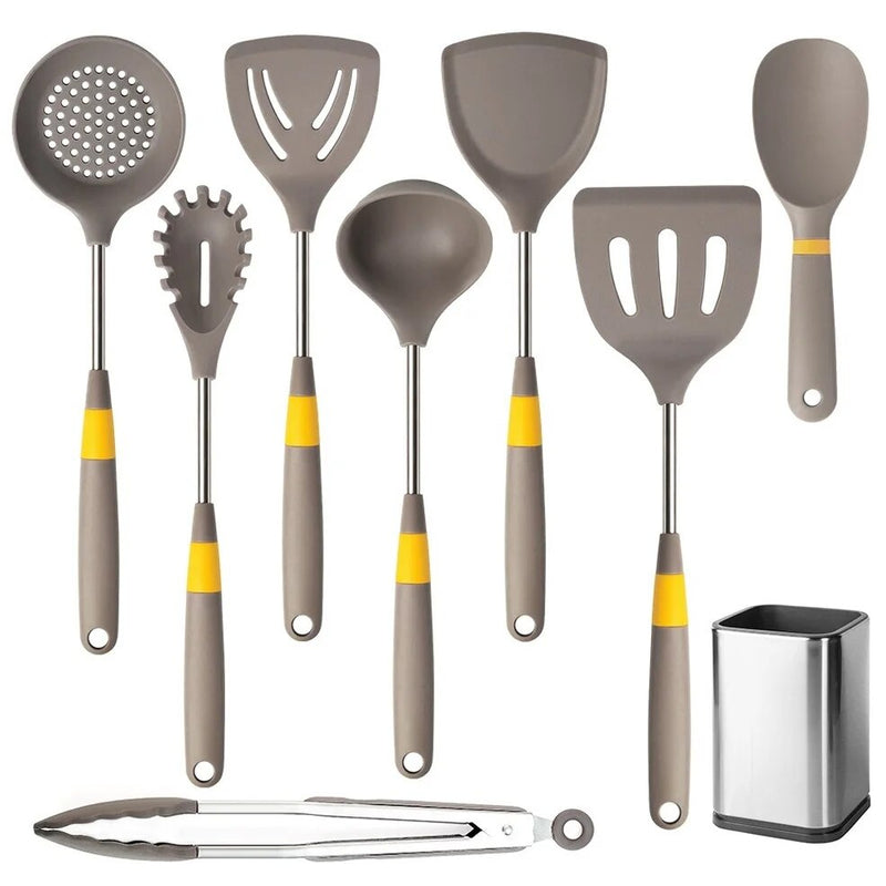 Anygleam Cooking Utensil 8 Set Khaki Heat Resistant Tools with 1 Rice Spatula and 1 Storage for Spatula Kit Kitchen Accessories Kitchenware for Nonstick Cookware