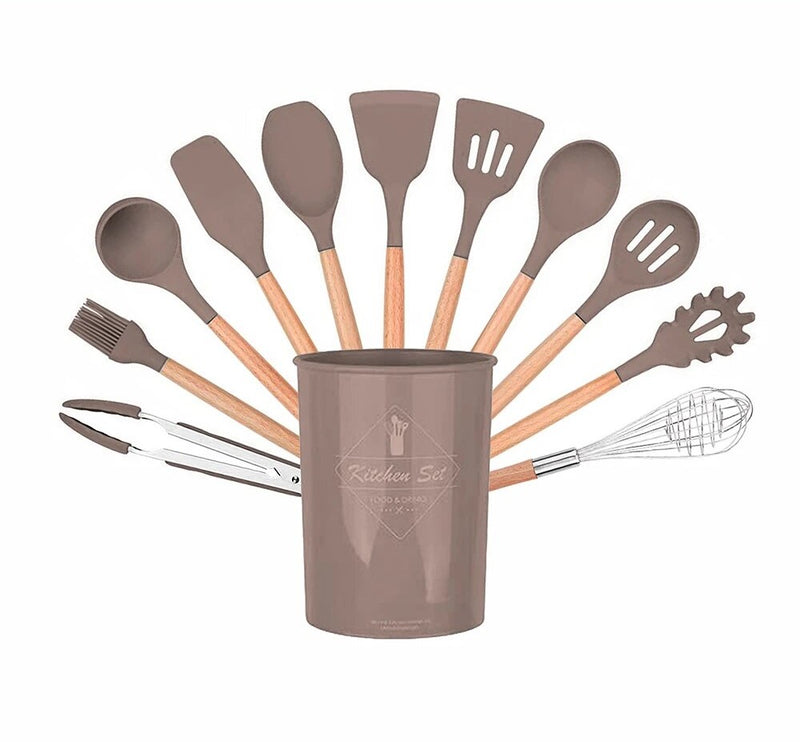 Anygleam Kitchen Utensils 11 Set Natural Beech Wooden Handle Cookware Tool with Storage Heat Resistant Non Stick Accessories