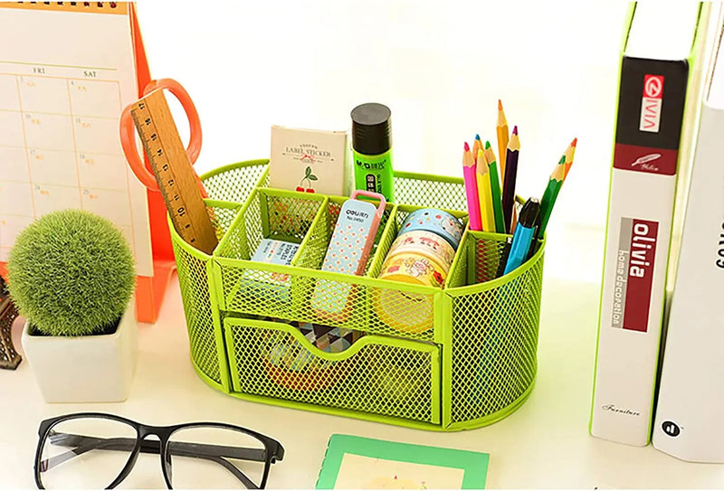 “AnyCraft Light Green Metal Mesh Desk Organizer with Large‑Capacity Compartments for Office & School Supplies”