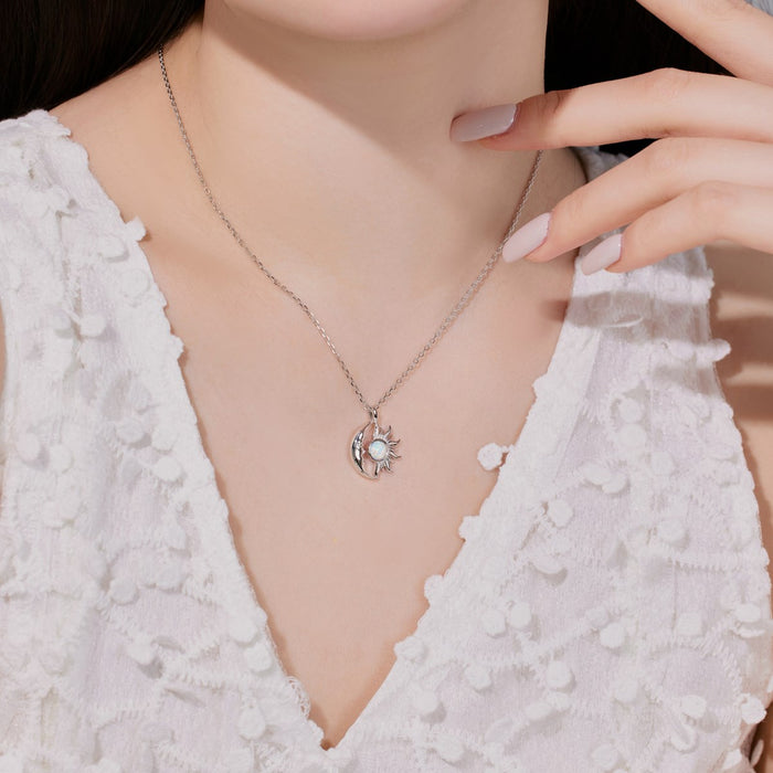 ANYCO Necklace 925 Silver for Women Half Moon and Sun White Pendant Rhodium Platting Jewelry
