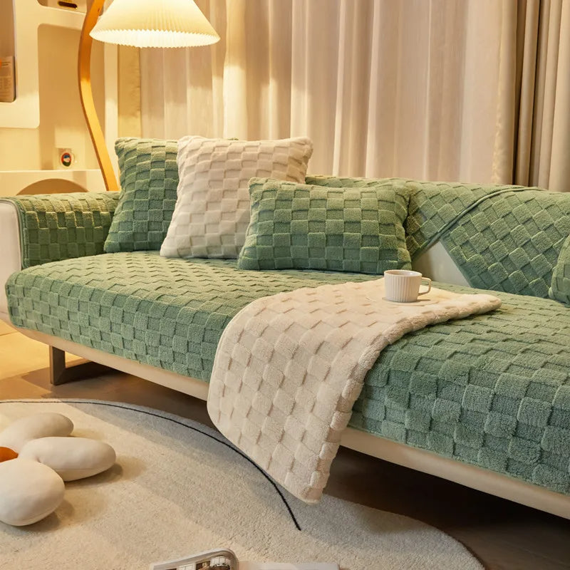 Anyseat Sofa Towel Super Soft Green Velvet Plush Non-slip Sectional Sofa Covers for Living Room Thick L-shape Couch Covers