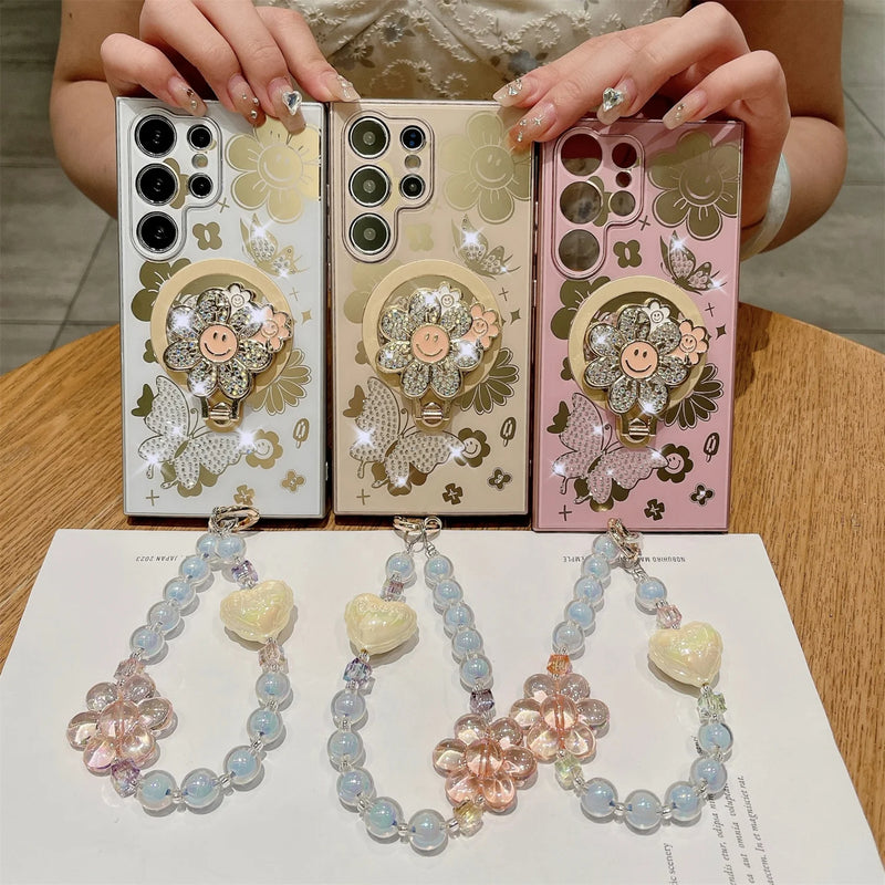 ANYMOB Samsung Case Gold Luxury Butterfly Flower Keychain Magnetic Ring Stand