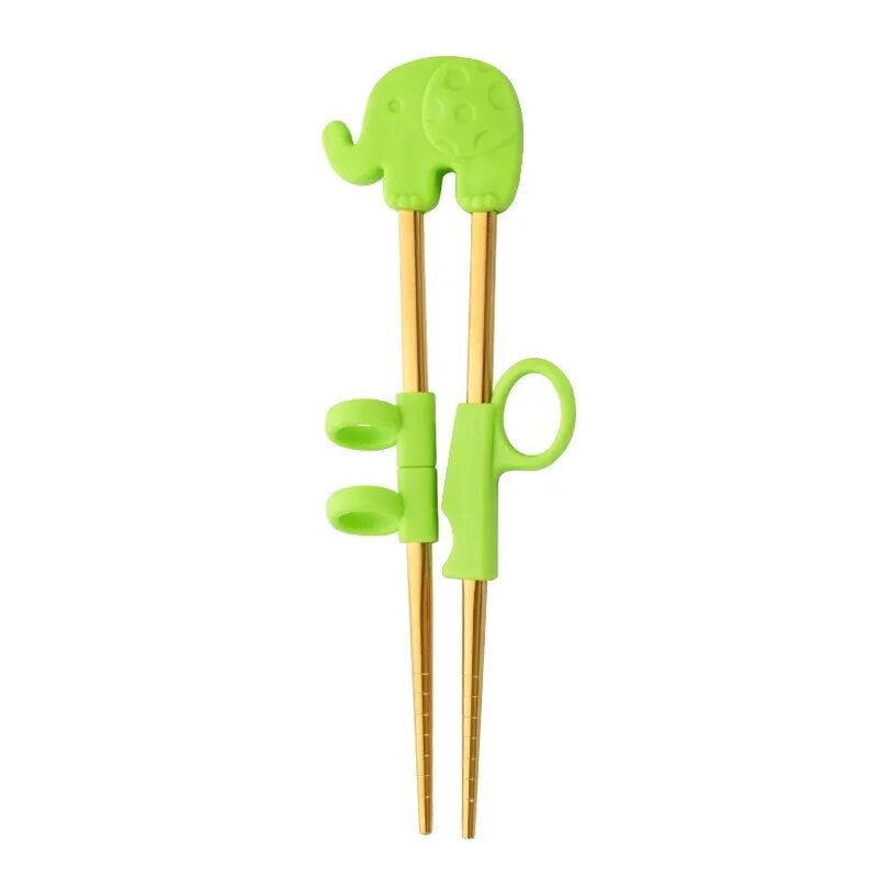 Anygleam Chop Stick Green Elephant 1 Pair Reusable Gold  Stainless Steel Cartoon for Kids and Children Kitchen Accessories