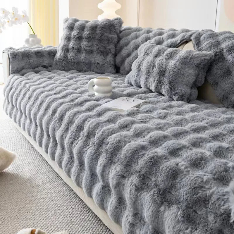Anyseat Sofa Towel Super Soft Rabbit Plush Gray Thicken Bubble Velvet Non-slip Sectional Sofa Cover Non-slip L-shaped Couch Cover