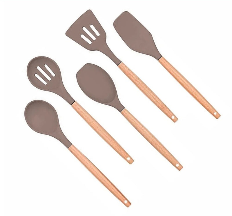 Anygleam Kitchen Utensils 5 Set Khaki Natural Beech Wooden Handle Cookware Tool Heat Resistant Non Stick Accessories