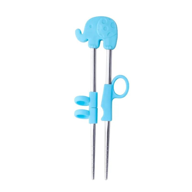 Anygleam Chop Stick Blue Elephant 1 Pair Reusable Silver Stainless Steel Cartoon for Kids and Children Kitchen Accessories