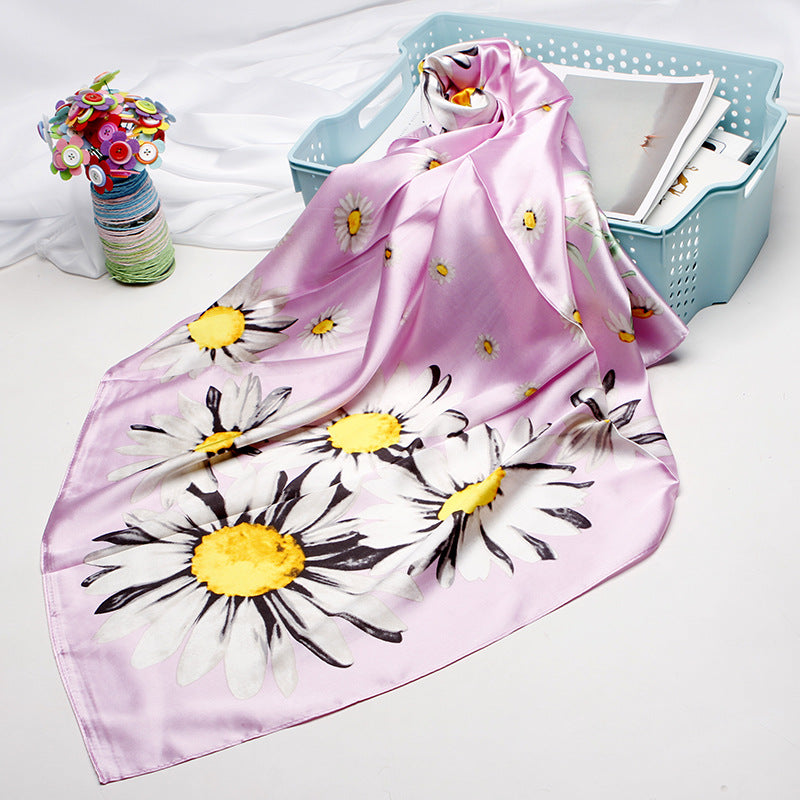 Anyyou Scarf for Women Daisy Pink Floral Printed Square Silk Shawl For Summer Spring And Fall