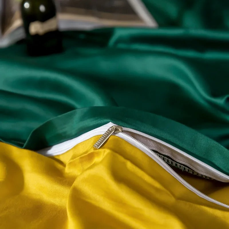 Anycozy Bed Sheet Deep Green Yellow Ultra Soft Luxury Egyptian Cotton Bedding Cover Double Size 6 Pcs Bed Set