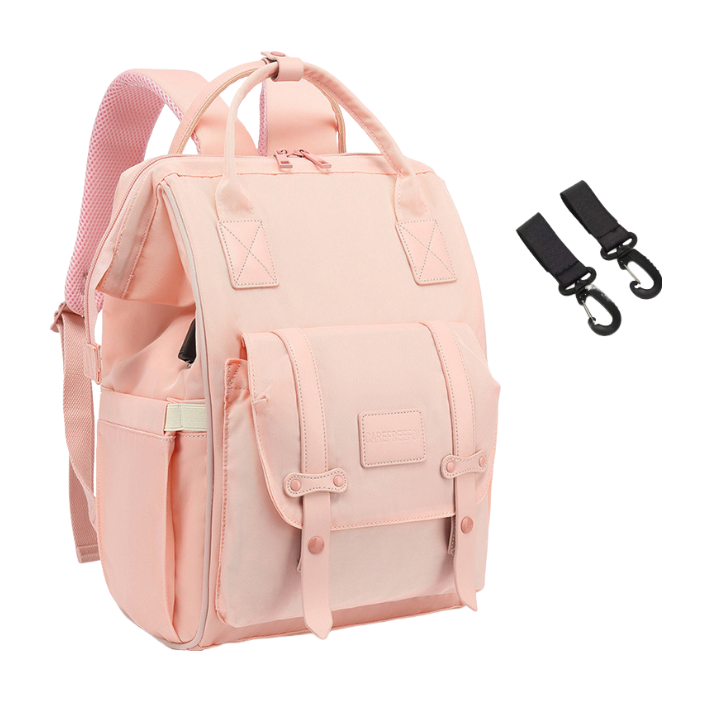 Anymom Mommy Diaper Bag Pink Backpack 2Pcs Stroller Hook with Internal USB Charging Port