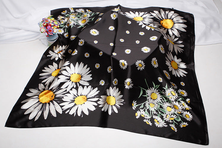 Anyyou Scarf for Women Black Daisy Silk Shawl Fashion Elegant High Quality for Spring Autumn Square Scarves 90*90cm