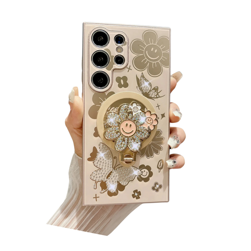 ANYMOB Samsung Case Gold Luxury Butterfly Flower Magnetic Ring Stand