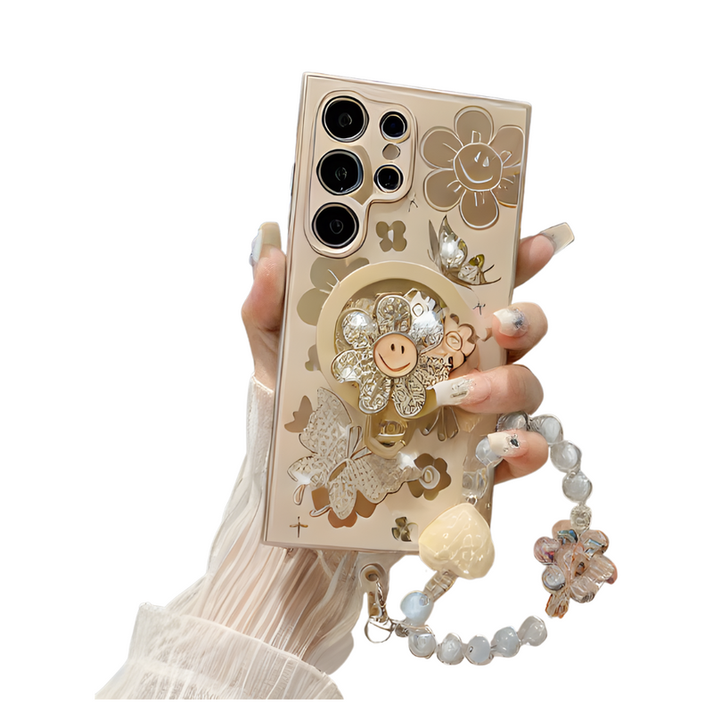 ANYMOB Samsung Case Gold Luxury Butterfly Flower Keychain Magnetic Ring Stand