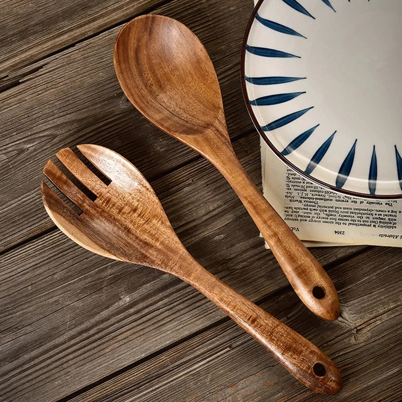 Anygleam Brown Wooden Spoon and Fork Set – 2pcs Tableware