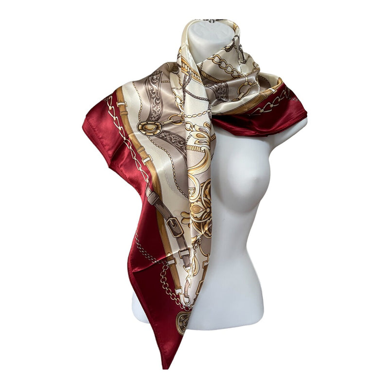 Anyyou Scarf for Women Beige Red Satin Silk Shawl Fashion Accessories Chain Flowers Pattern Autumn Winter Scarves