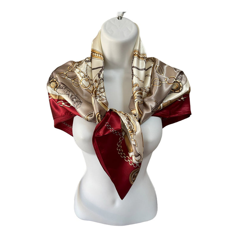 Anyyou Scarf for Women Beige Red Satin Silk Shawl Fashion Accessories Chain Flowers Pattern Autumn Winter Scarves