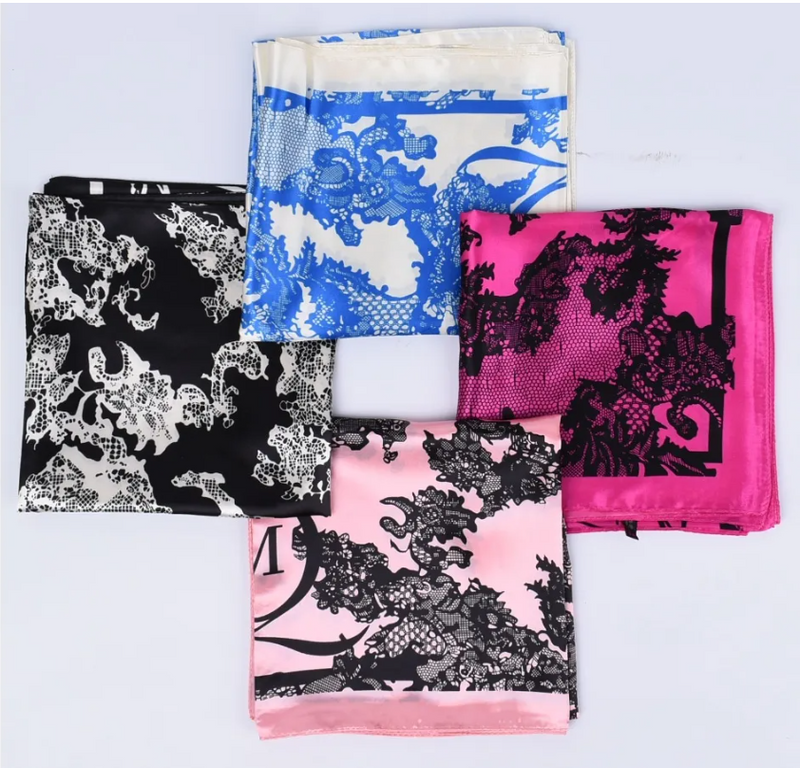 Anyyou Scarf for Women Lace Black Printed Square Silk Shawl For Summer Spring And Fall