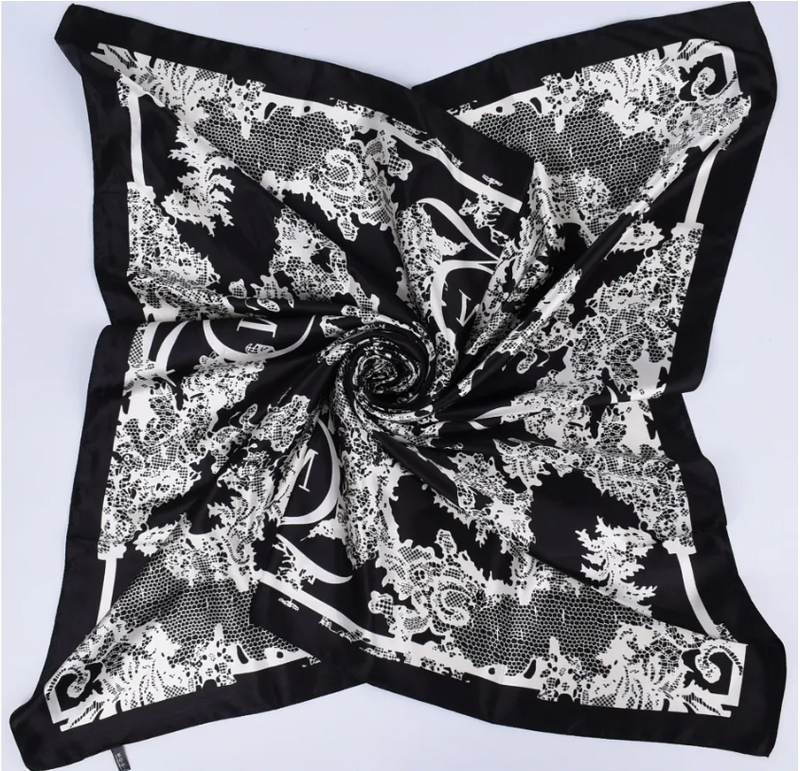 Anyyou Scarf for Women Lace Black Printed Square Silk Shawl For Summer Spring And Fall