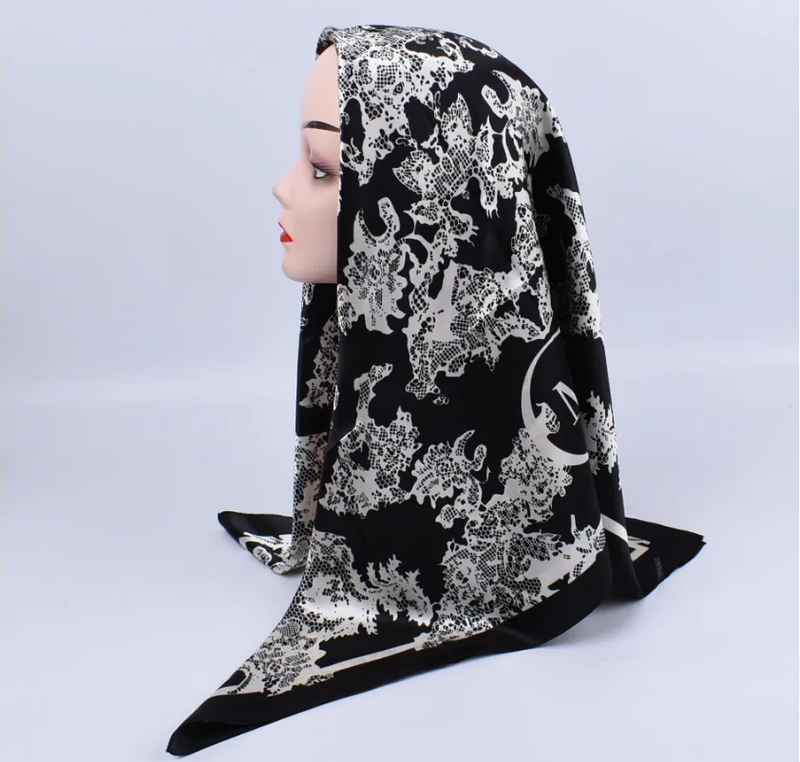 Anyyou Scarf for Women Lace Black Printed Square Silk Shawl For Summer Spring And Fall