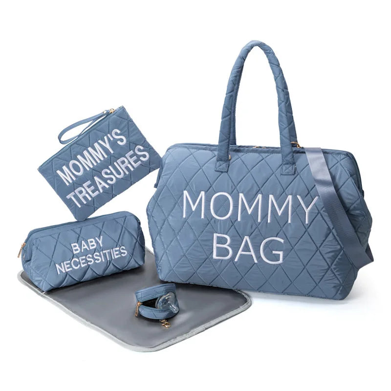 Anymom Mommy Diaper Bag Blue Handbag 5 pcs set with Portable Changing Pad Adjustable and Removable Strap Diamond Pattern Maternity Bag