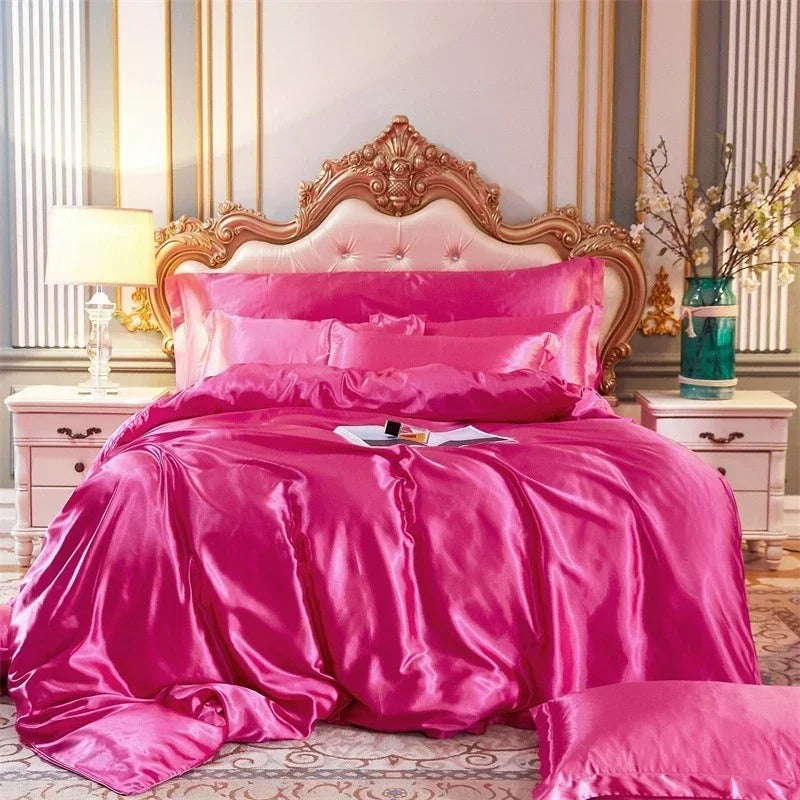 Anycozy Beddings Hot Pink US Twin Size 3 Pcs High End Satin Smooth Duvet Cover Set Luxury Polyester Silky Soft Cozy Bedding Set