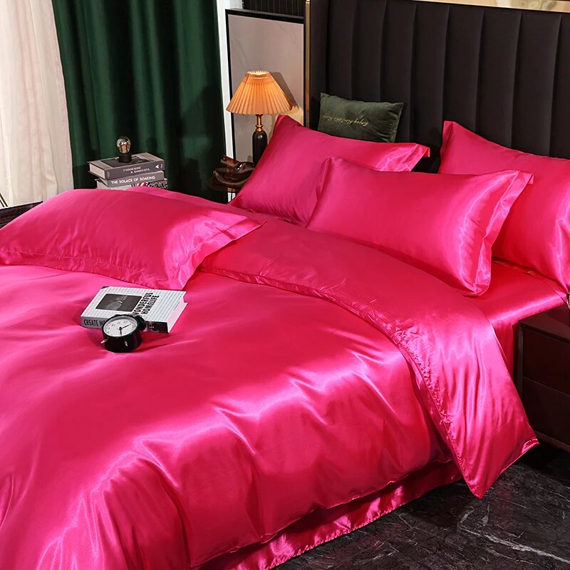 Anycozy Beddings Hot Pink EU Double Size 3 Pcs High End Satin Smooth Duvet Cover Set Luxury Polyester Silky Soft Cozy Bedding Set