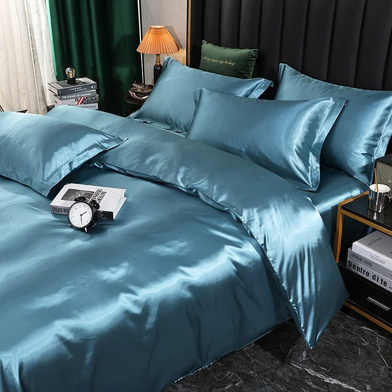Anycozy Beddings Sky Blue US Queen Size 3 Pcs High End Satin Smooth Duvet Cover Set Luxury Polyester Silky Soft Cozy Bedding Set