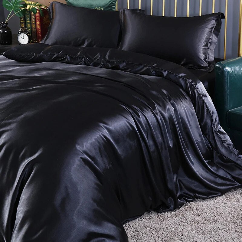 Anycozy Beddings Black AU Single Size 3 Pcs High End Satin Smooth Duvet Cover Set Luxury Polyester Silky Soft Cozy Bedding Set