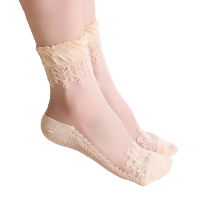 Anyfootwear 5 Pairs Size 5-9 Fashion Socks Summer Lace Embroidery Breathable Silk Transparent Glass Crystal Stretch for Women Beige