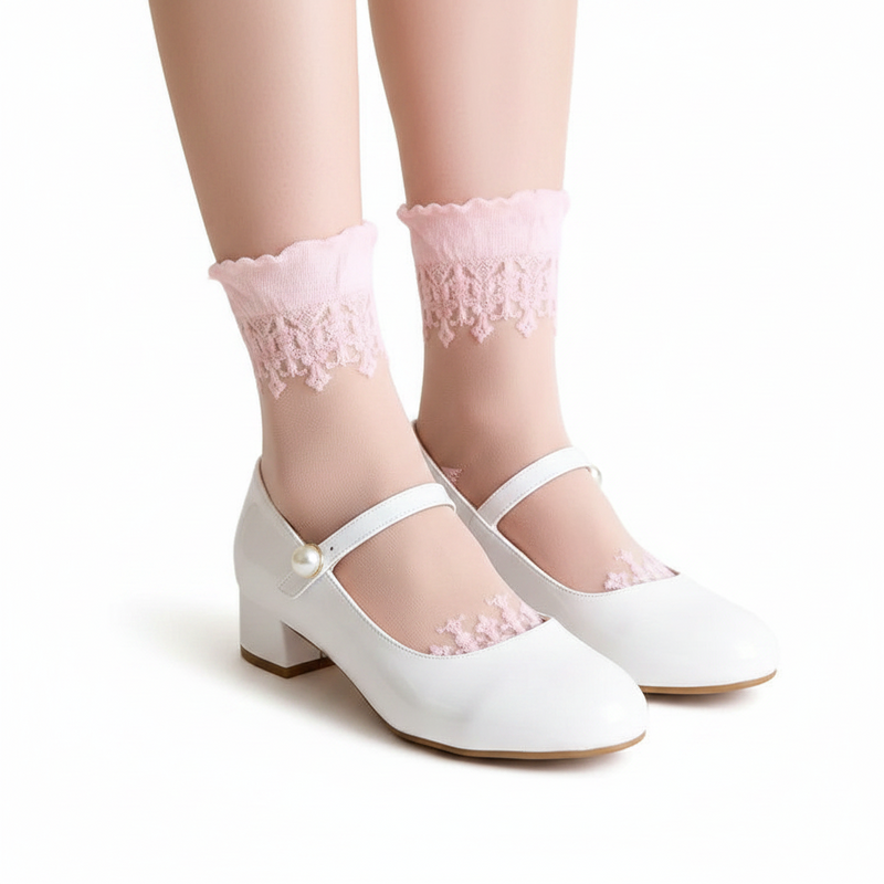 Anyfootwear 5 Pairs Size 5-9 Fashion Socks Summer Lace Embroidery Breathable Silk Transparent Glass Crystal Stretch for Women Pink