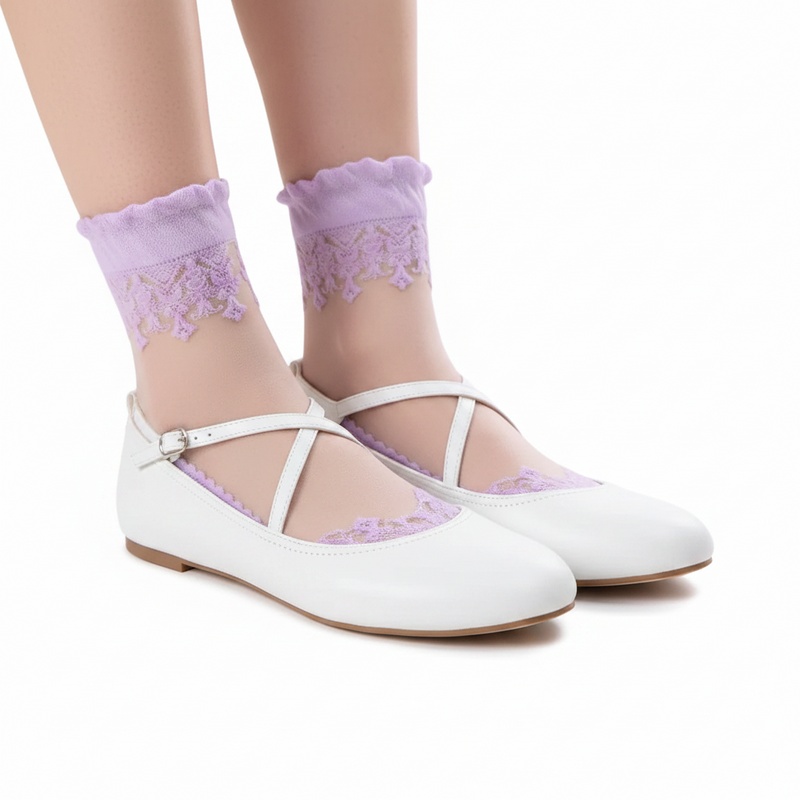 Anyfootwear 5 Pairs Size 5-9 Fashion Socks Summer Lace Embroidery Breathable Silk Transparent Glass Crystal Stretch for Women Purple
