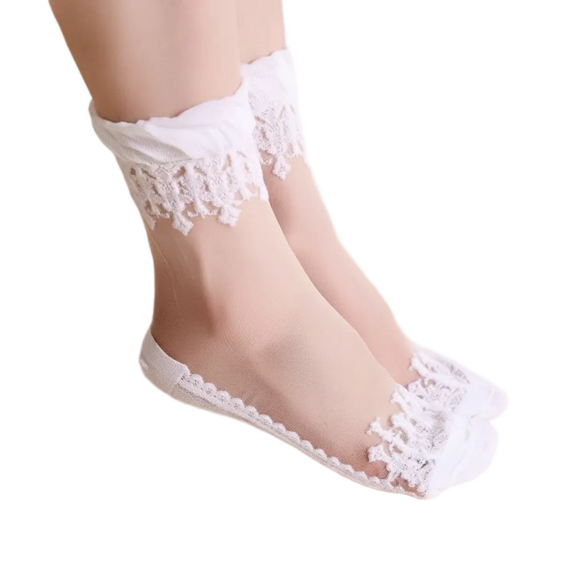 Anyfootwear 5 Pairs Size 5-9 Fashion Socks Summer Lace Embroidery Breathable Silk Transparent Glass Crystal Stretch for Women White
