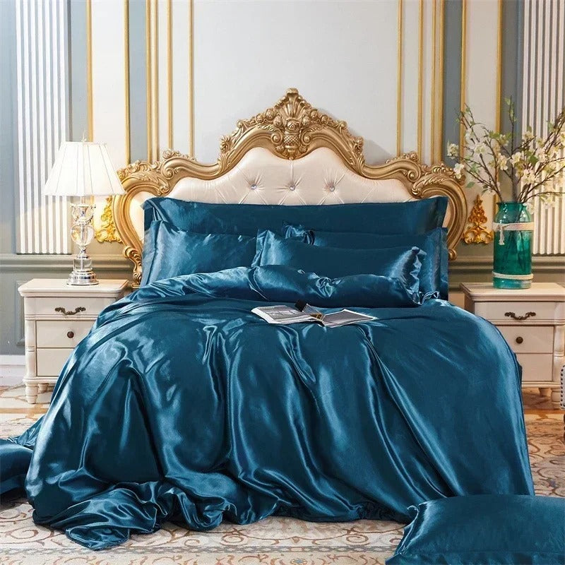 Anycozy Beddings Blue US King Size 3 Pcs High End Satin Smooth Duvet Cover Set Luxury Polyester Silky Soft Cozy Bedding Set