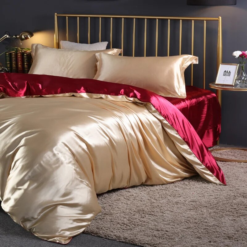 Anycozy Beddings Beige EU Double Size 3 Pcs High End Satin Smooth Duvet Cover Set Luxury Polyester Silky Soft Cozy Bedding Set