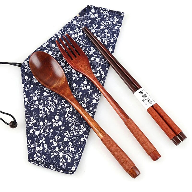 Anygleam 3pcs Orange Blue Pouch Set – Wooden Spoon Fork Chopsticks