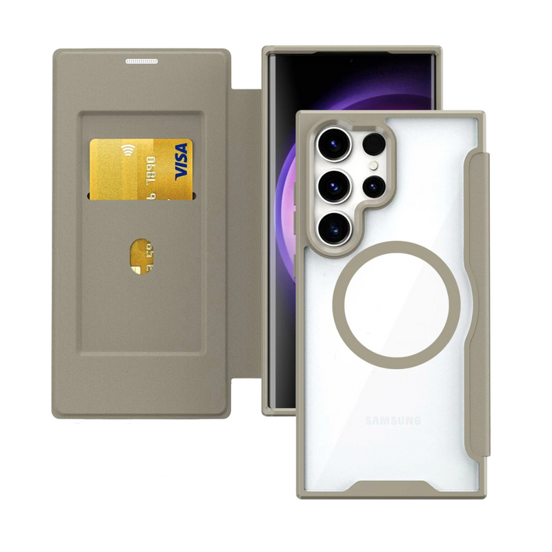 ANYMOB Samsung Case Khaki Clear Magsafe Leather Flip Protective Cover