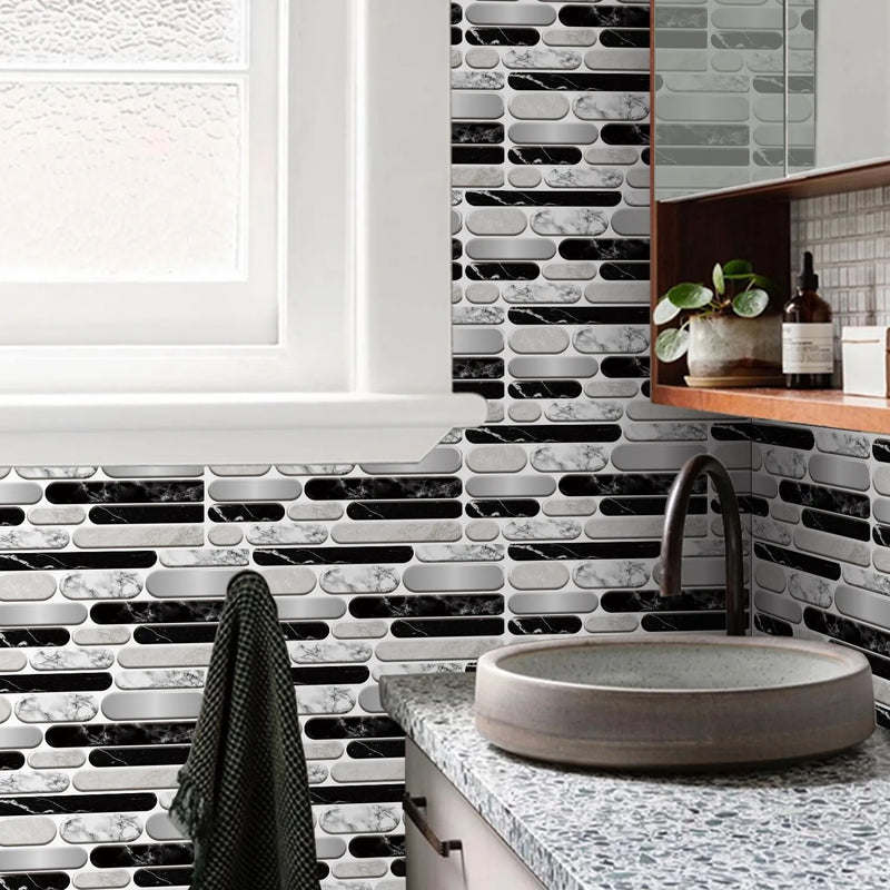 ANYDECO Wallpaper White Black 6 Pcs Waterproof Self Adhesive Removable 3D DIY Modern Marble Tile Wall Sticker Home Decor