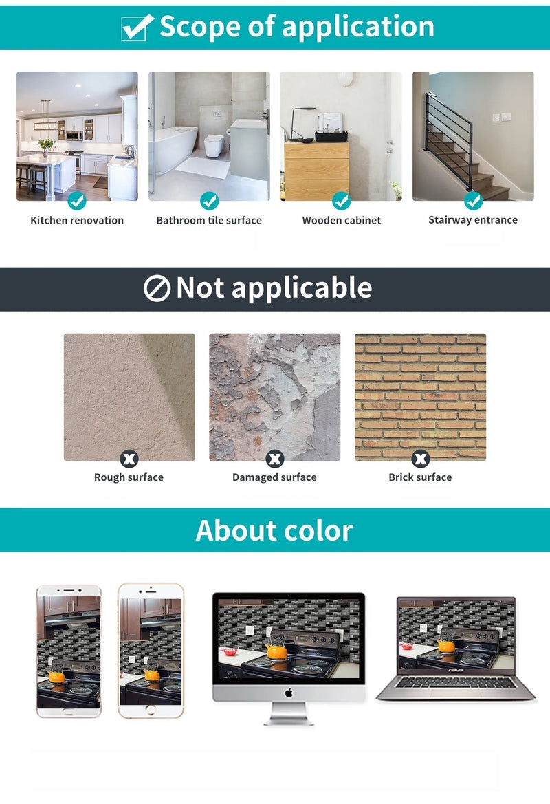 ANYDECO Wallpaper Black Charcoal 6 Pcs Waterproof Self Adhesive Removable 3D DIY Modern Marble Tile Wall Sticker Home Decor