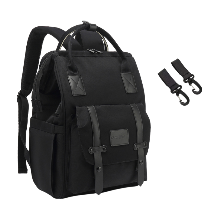 Anymom Mommy Diaper Bag Black Backpack 2Pcs Stroller Hook with Internal USB Charging Port