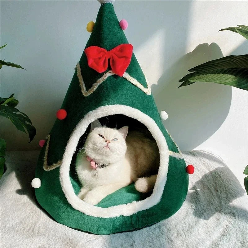 Anypet Christmas Pet Bed – Green with Ribbon Winter Cat Cushion Mat, Soft Cozy Design