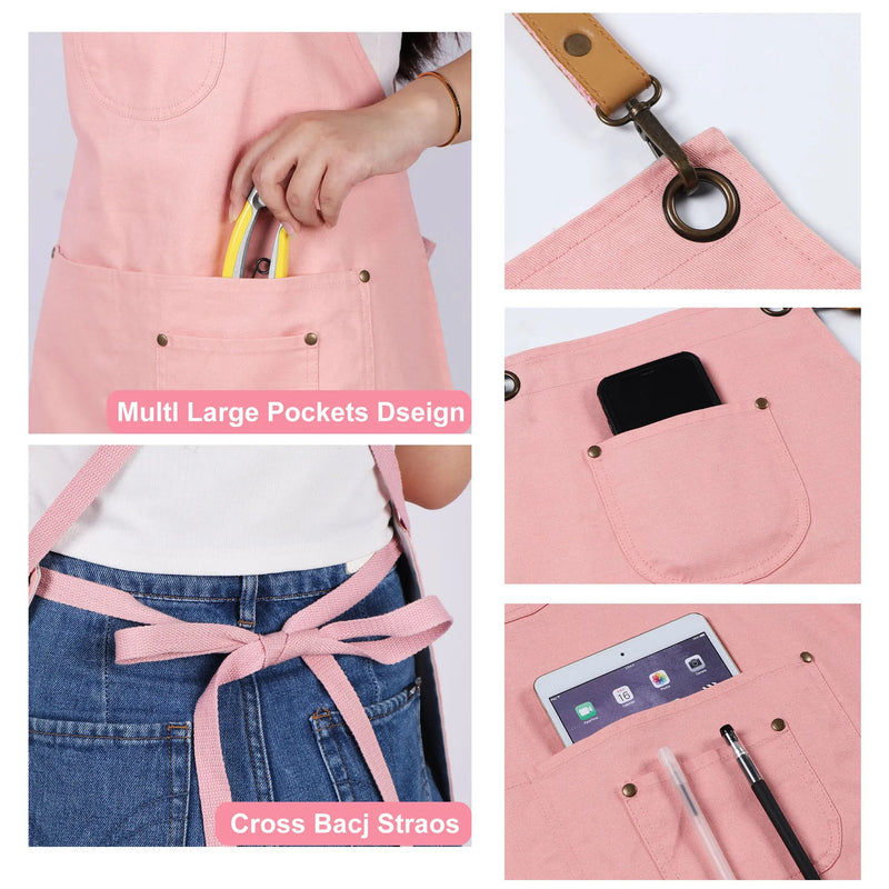 Anypron Beige Embroidered Cotton Canvas Apron Adjustable for Chef