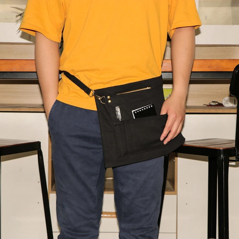 Anypron Black Kitchen Waist Apron with Pockets for Restaurant Staff