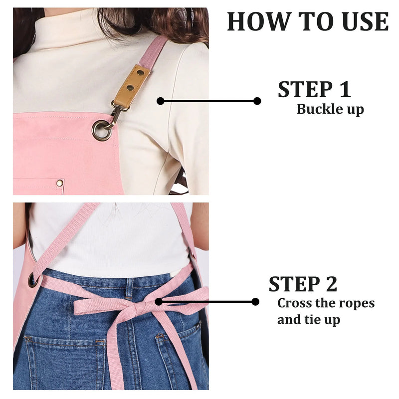 Anypron Beige Embroidered Cotton Canvas Apron Adjustable for Chef