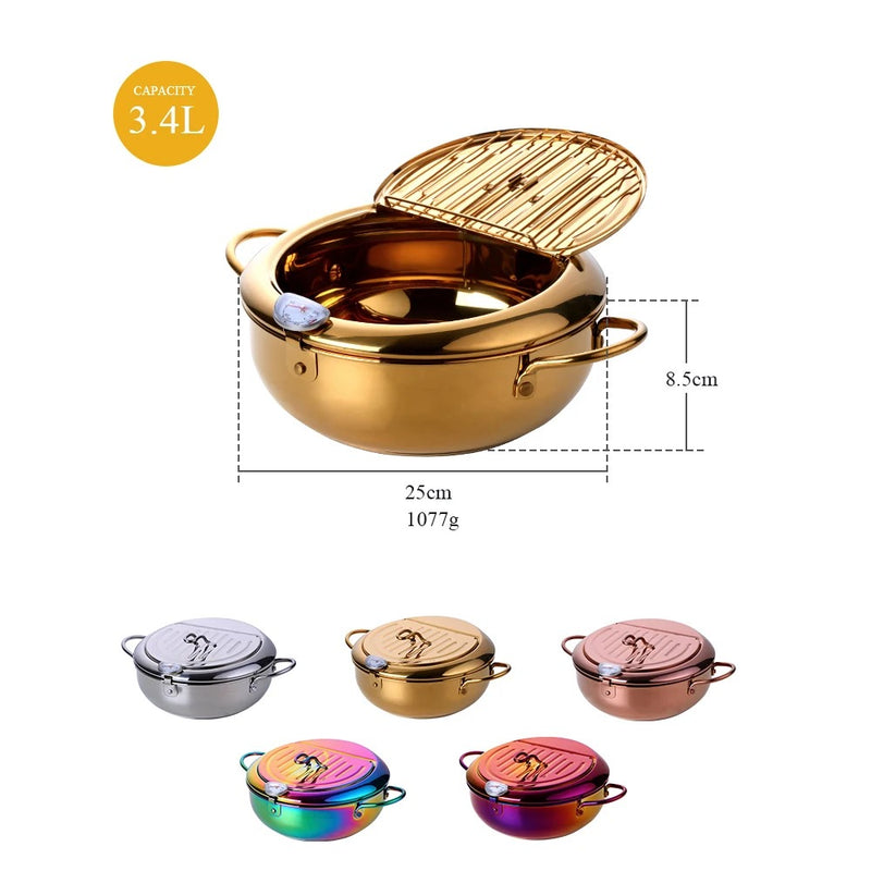 Frying Pan Rose Gold Stainless Steel Thermometer Kitchen Utensils Tempura Fryer Pan Temperature Control Fried Cooking Tools
