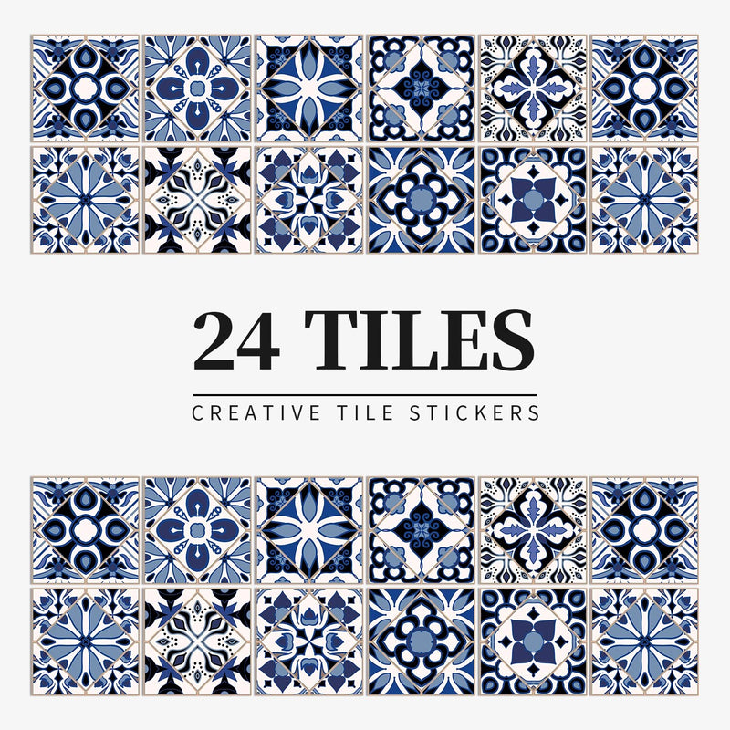 ANYDECO Wallpaper Navy Blue 10cmx10cm 24 Pcs Modern Retro Style PVC Tile Stickers Waterproof Self Adhesive Wall Home Decor