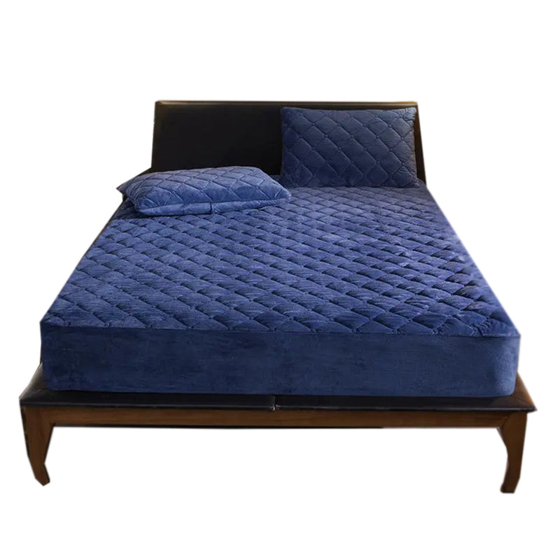 Anycozy Mattress Cover Navy Blue 200x200cm Crystal Velvet Thicken Quilted Warm Soft Plush Bed Sheet
