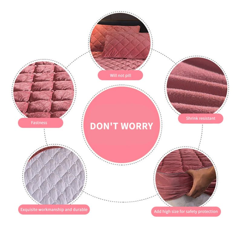Anycozy Mattress Cover Pink Queen Size Crystal Velvet Thicken Quilted Warm Soft Plush Bed Sheet
