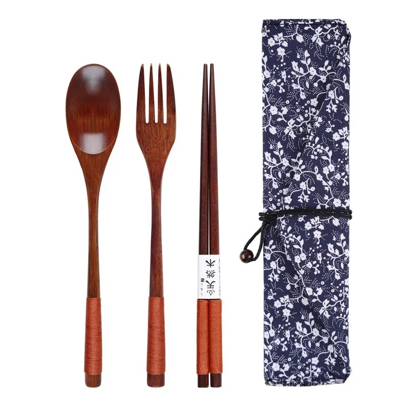Anygleam 3pcs Orange Blue Pouch Set – Wooden Spoon Fork Chopsticks