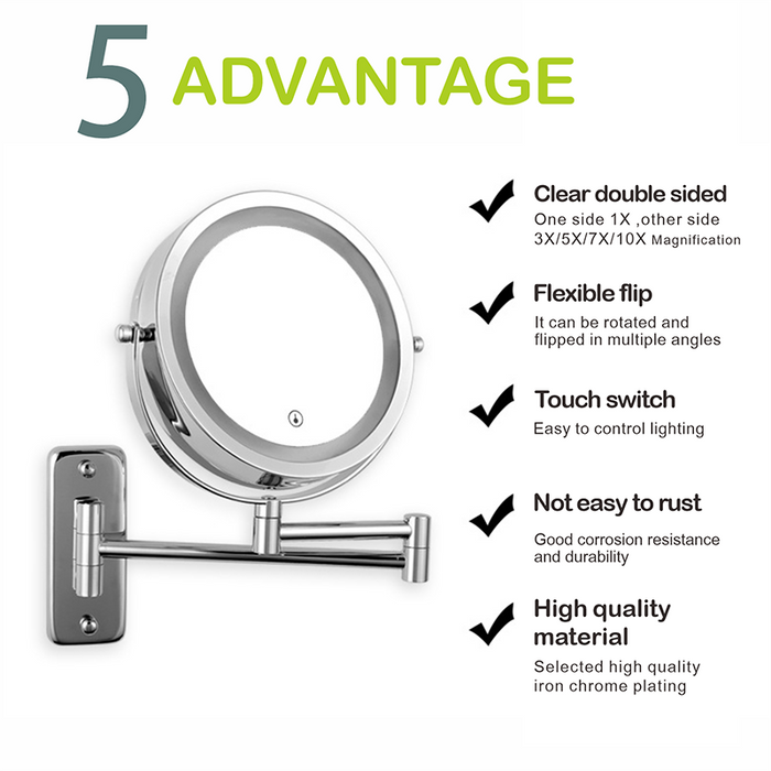 Anyvogue 7in Wall Mounted Smart LED Makeup Mirror Double Sided Touch Dimming Adjustable 5x Magnification USB Charging